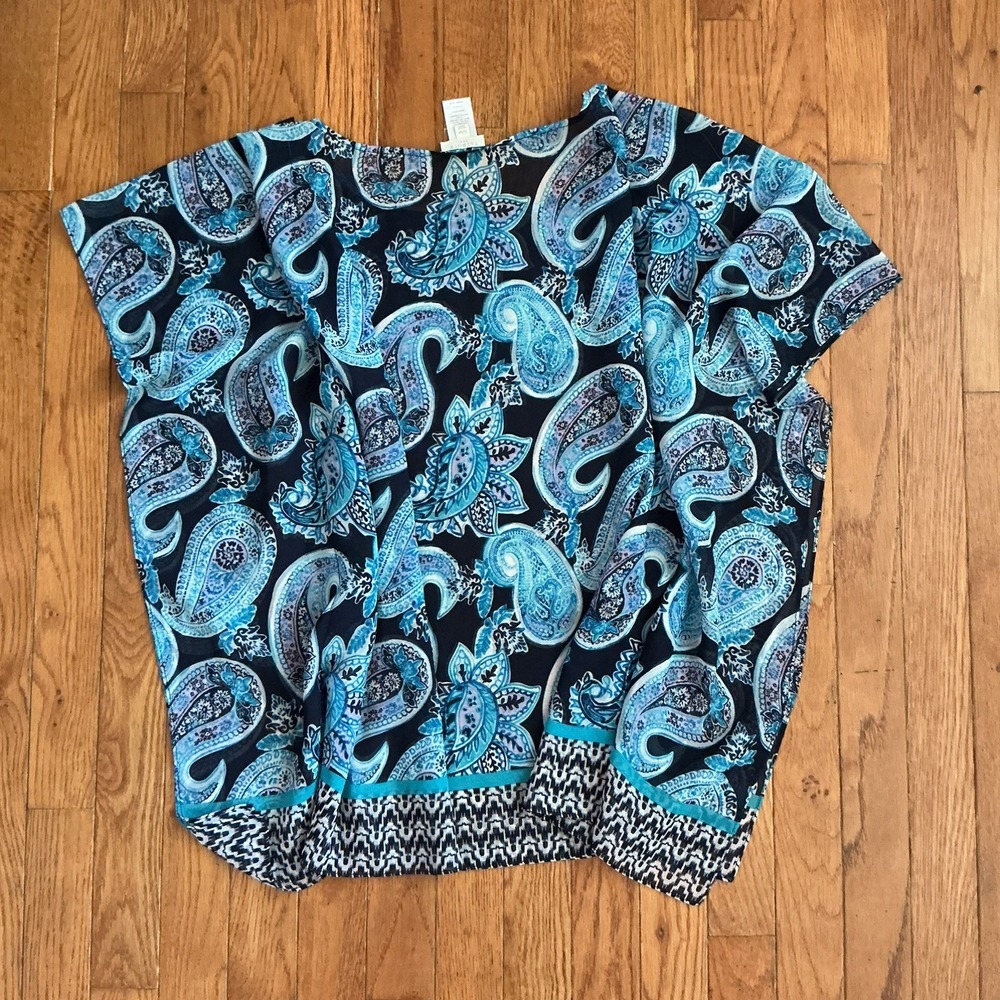 Talbots Womens S/M Blue Paisley Kaftan Poncho Blouse Sheer Tunic Top